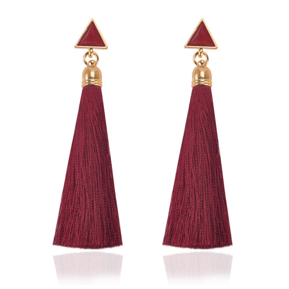Geometric Triangle Long Tassel Earrings Burgundy